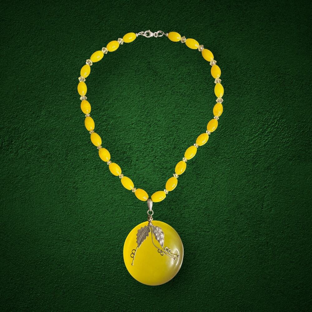 Vintage Yellow Agate & Cat Eye Necklace 925 Sterling Silver Artisan Pendant 16.5